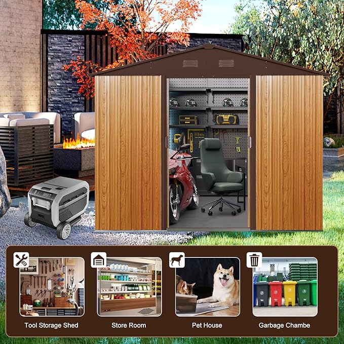 8x6 FT Outdoor Storage Shed,Metal Shed with Floor,Garden Shed W/ 4 Air Vents & Lockable Sliding Door,All Weather Waterproof Tool House W/Sloped Roof,for Backyard,Patio,Lawn,Coffee