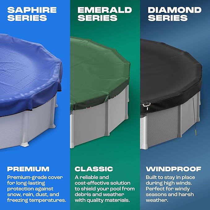 Yankee Diamond Series Pool Covers for Above Ground Pools | All-Weather, Windproof, Light 12ft Round Pool Cover w/ 4 Screw-In Pegs, 4 Ropes | 3 Mounting Methods, Strong Fastenings for Triple Protection