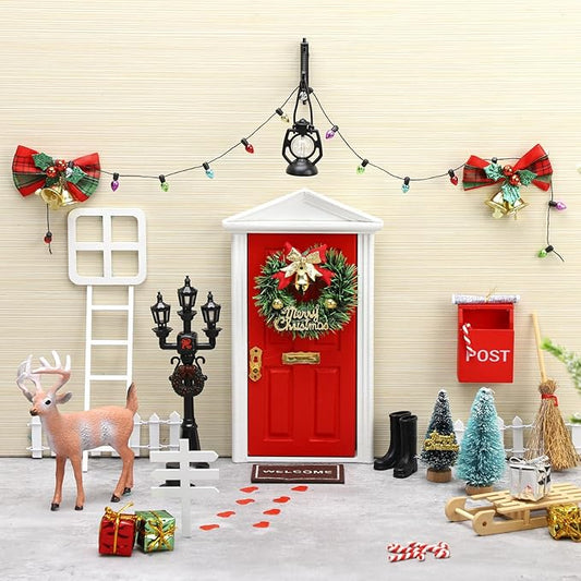 Shappy 39 Pcs Christmas Fairy Door Kit Wooden Elf Fairy Doors Decorations with Accessories Mini Door Tiny Miniature for Christmas Tale DIY Craft Garden Home Party Decoration(Red)