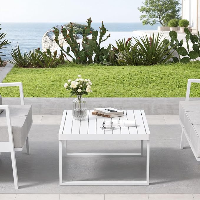 Aluminum Outdoor Coffee Table - White Rectangle Patio Tables for Deck, and Poolside