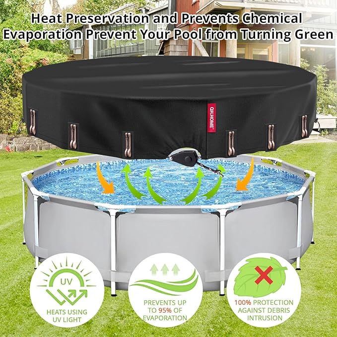 QH.HOME 15 Ft Round Pool Cover with Fast Tightening Patented Ratchet, Solar Pool Covers for Above Ground Pools, One-Piece Tear Resistant Swimming Pool Cover Protector with Upgraded Ultimate Windproof