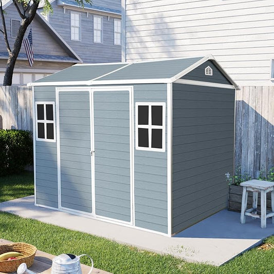 6x8ft Resin Outdoor Storage Shed with Floor, Two Windows & Lockable Door – Durable Weather-Shed for Backyard, Patio, Garage (Grey) (1 Doors)