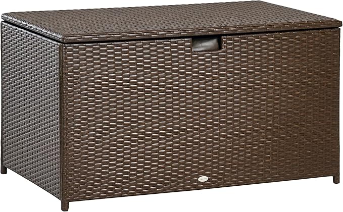 Outsunny 113 Gallon Deck Box, Rattan Outdoor Storage Box, Waterproof Storage Container for Indoor, Patio Furniture Cushions, Pool Supplies, Garden Tools, Brown