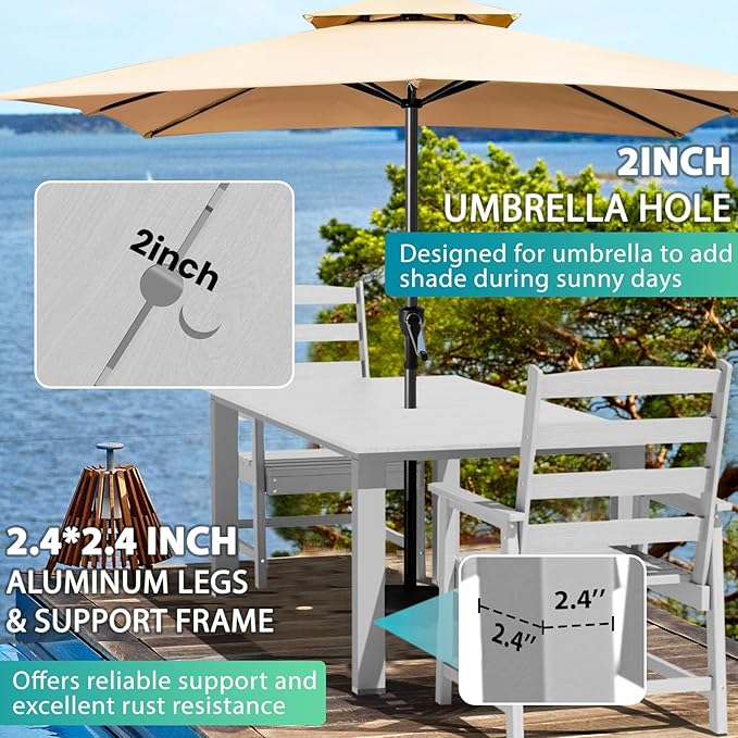 LOUNZY 9 Pieces Patio Dining Sets, Outdoor HDPE Furniture Set for 8 w/ 2" Hole Cut-Out Dining Table 75.2in with 8 Patio Chairs(2 W/Armrest, 6 w/o Armrest), White