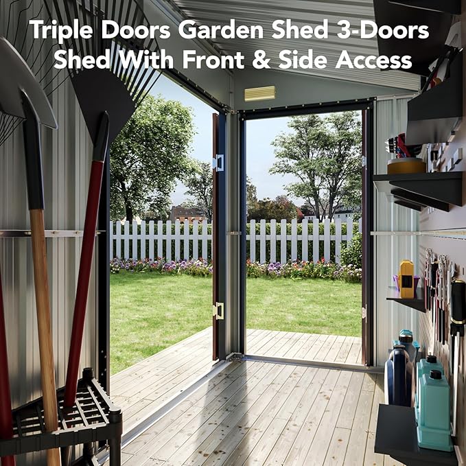 8x4 Ft Outdoor Metal Shed, Storage Shed with Updated Frame Structure & Triple Lockable Doors, Large Garden Tool Shed for Backyard, Patio, Lawn & Utility Storage