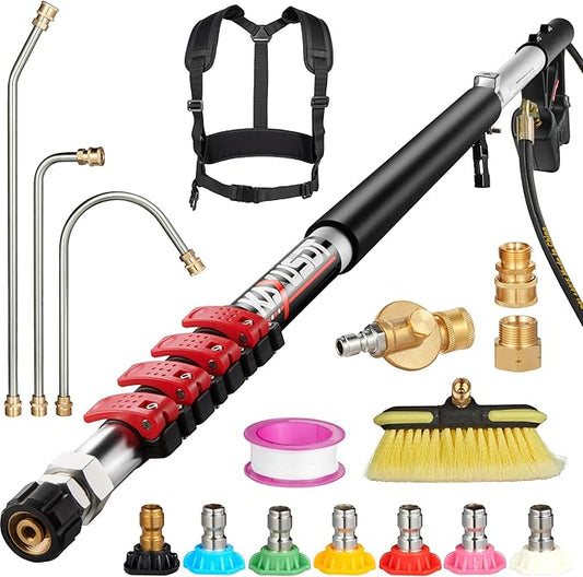 24FT Pressure Washer Telescoping Extension Wand, 𝟐𝟎𝟐𝟓 𝐔𝐩𝐠𝐫𝐚𝐝𝐞𝐝 High Power Accessories with Brush Head & 3 Wand, 7 Spray Nozzle Tips, 4000PSI Gutter Cleaning Tools for Wall Window Soffit