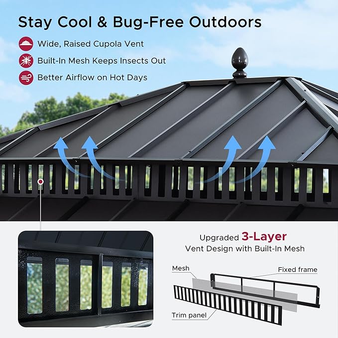 SUNJOY Kingston 14' x 12' Hardtop Gazebo with Galvanized Steel Double Roof, Curtain and Netting, Gray Aluminum Posts Permanent Pavilion Gazebo for Garden, Patio, Deck, Lawn