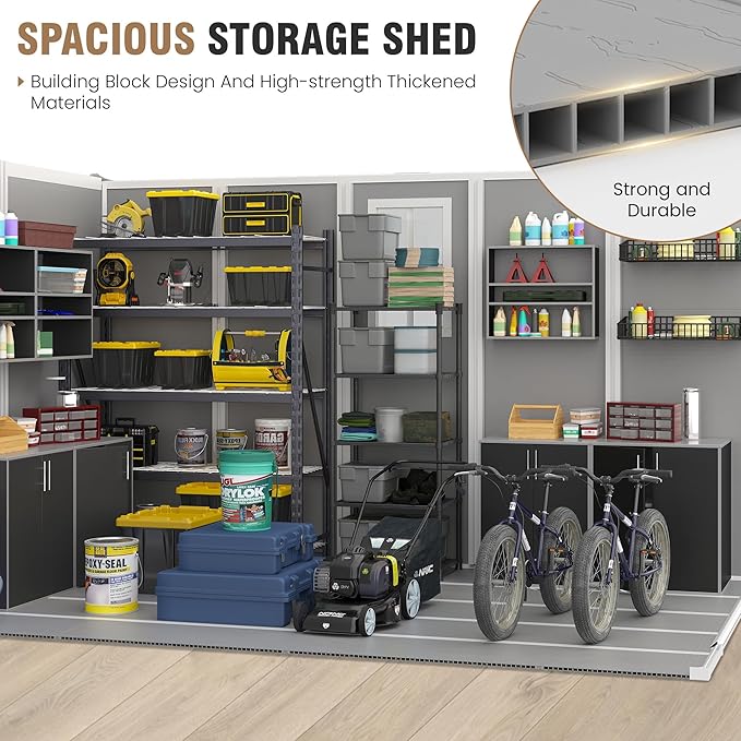 Amopatio 10x8 FT Storage Shed, Resin Outdoor Shed with Floor Included, Plastic Sheds Outdoor Storage for Bike, Garden Tools, Sheds & Outdoor Storage with Lockable Door, Window & Vents, Grey & White
