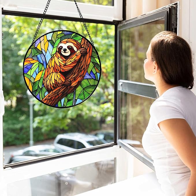 Stained Glass Window Hanging - Funny Sloth Suncatcher for Doors Garden Patio Cute Sun Catchers Decor Christmas Mother's Day Birthday Teenager Gifts for Women Men Mom Nana Friend 11.8 in
