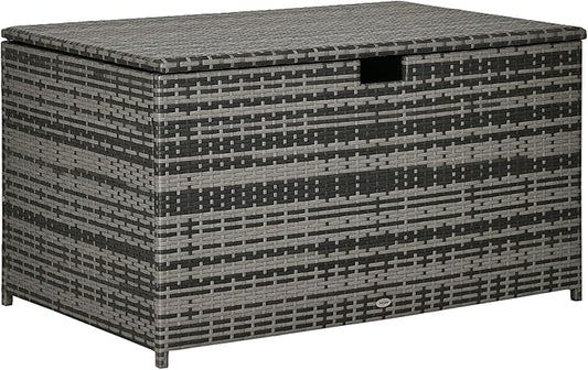 Outsunny 113 Gallon Deck Box, Rattan Outdoor Storage Box, Waterproof Storage Container for Indoor, Patio Furniture Cushions, Pool Supplies, Garden Tools, Dark Gray