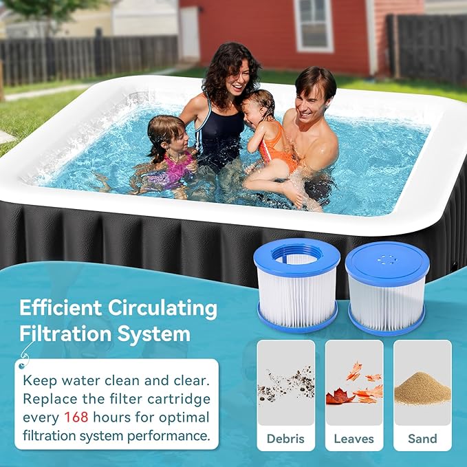 4-6 Person Inflatable Hot Tub, Large Square Blow Up Portable Hot Tub, Leak-Proof PVC Outdoor Spa with 130 Air Jets, Insulated Cover and Heater Pump, 73” X 73”X 25”