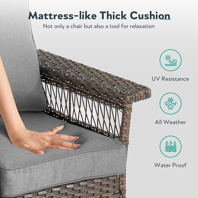 Wicker Outdoor Chairs Set - 3 Pieces Hollow Widen Armrests Patio Furniture Set with Side Table, Comfortable High Back Rattan Chairs for Balcony Porch Deck and Yard - Brown/Gray