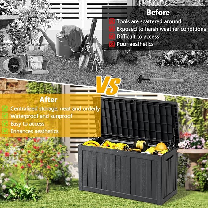 200 Gallon Deck Box, Resin Outdoor Indoor Waterproof Storage Box, Lockable Storage Box With Handle for Patio Furniture - Garden Tools - Swimming Pool Tools UV-Resistant - Black