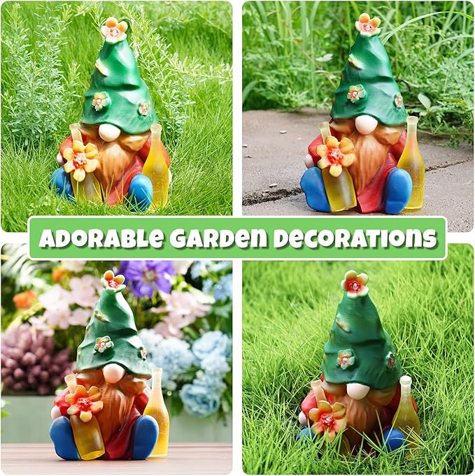 Solar Garden Statues Lights, 8.5" Cute Outdoor Gnome Figurine with Auto On/Off for Yard Patio Decor, Gifts for Women, Grandma, Mom, Housewarming (Tipsy Bloom Gnome)