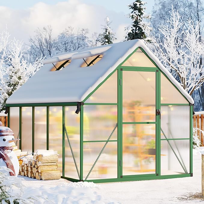 CABIHOME 8x10 FT Outdoor Greenhouse, Polycarbonate Greenhouse with Roof Vent and Ground Nails, Aluminum Large Walk-in Green House w/Lockable Push Door for Outside Garden Backyard (Green, 8x10 FT)