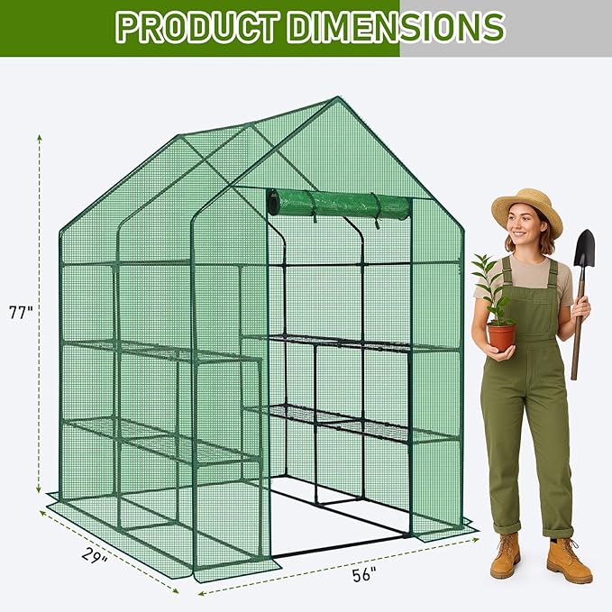 Outvita Walk-in Greenhouse, Outdoor Durable PE Plant Green House for Frost Protection with 3 Tiers 8 Shelves, Shelf Clips, Roll-up Zipper Door, 56"x56"x77" Green