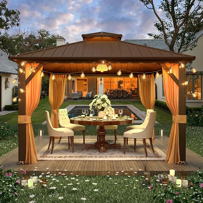 YOLENY 12' x 12' Gazebo Hardtop with Aluminum Frame,Galvanized Steel Double Roof Gazebos with Curtain and Netting,Outdoor Metal Pergolas for Garden, Lawn, Deck, Brown