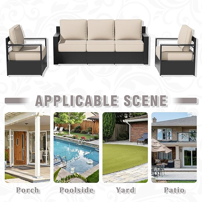 3 PCS Aluminum Patio Conversation Set - Outdoor 3-Seater Sofa, 2 Fixed Chair with 6" Thick Water-insistant Cushions, All-Weather Use Frame, Removable Cover, Ideal for Garden, Poolside (Beige)