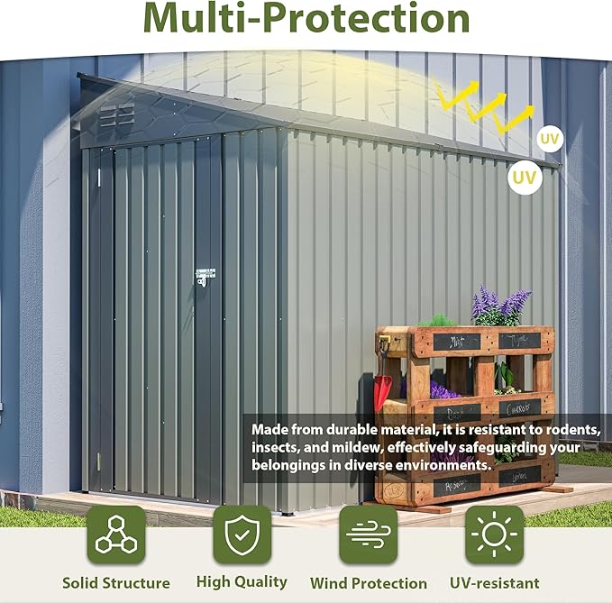 4×8 FT Outdoor Metal Storage Shed,Heavy-Duty Lean to Storage Shed with Lockable Door and Reinforced Beams,All Weather Waterproof Storage House W/2 Air Vents,for Backyard,Patio,Lawn,Gray