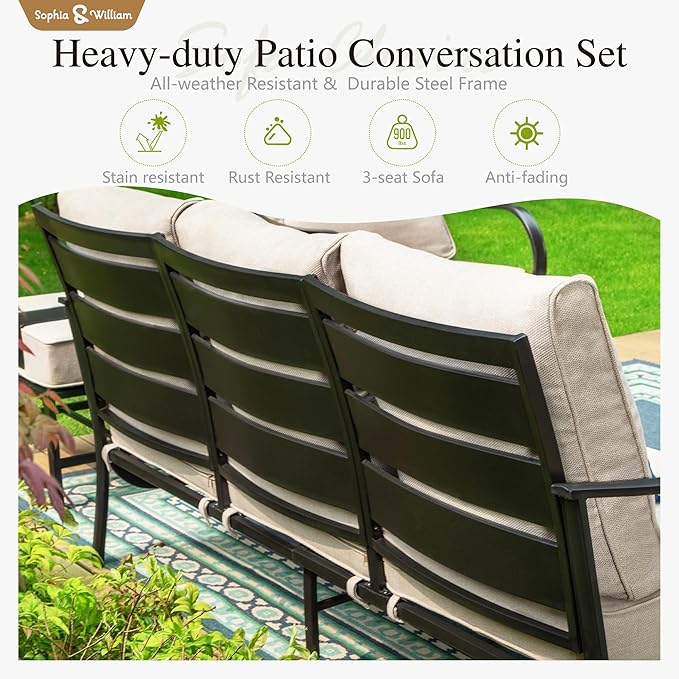 Sophia & William Patio Furniture Sets for 7 with 45" Gas Fire Pit Table Outdoor Conversation Sets 6 Pcs, 2 x Swivel Cushioned Sofa Chairs, 1x3-Seat Sofa, 2xOttomans for Backyard Poolside Beige