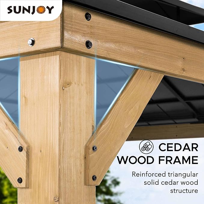 SUNJOY 11 x 13 ft. Wood Gazebo Cedar Framed Gaezbos with Black Double Steel Hardtop Roof for Garden, Backyard Shade, Matte Black Roof + Natural Wood Frame