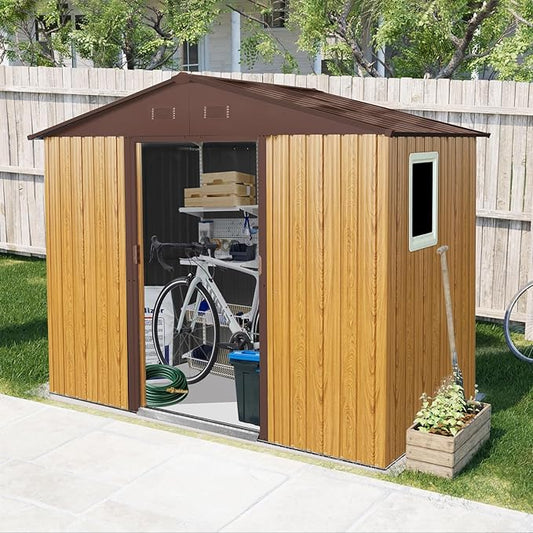 8x4 ft Outdoor Metal Storage Shed with Floor Foundation and Window, Lockable Galvanized Steel Tool Shed with Sliding Door and Air Vent, Waterproof Garden Storage House for Backyard, Patio
