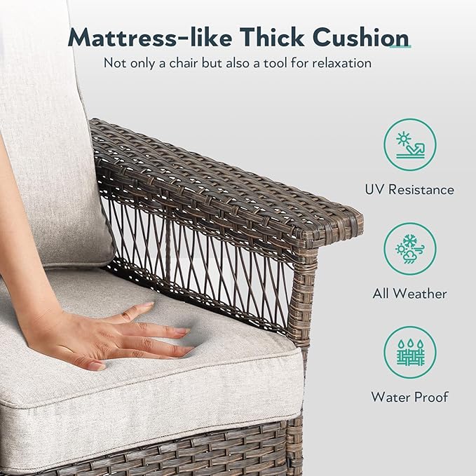 5 Pieces Wicker Patio Furniture Set - Hollow Widen Armrests Outdoor Swivel Glider Chairs and 3 Seat Sofa with Coffee Table & Side Table for Balcony Porch Deck and Yard - Brown/Beige