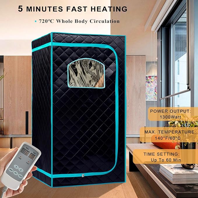 Portable Infrared Sauna for 1 Person, Full Size Home Sauna Box with Premium Dry Heating, Remote Temperature Control, Heated Foot Pad & Reinforced Folding Chair