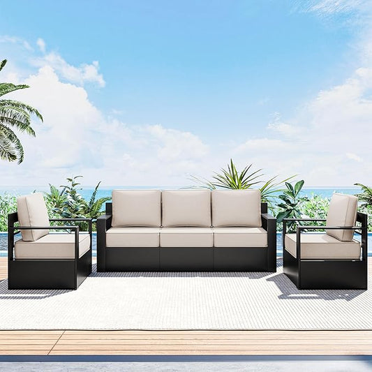 Outdoor Patio Furniture Set, 3-Piece Aluminum Patio Conversation Set All-Weather Metal Outdoor Sectional with 6 Inch Thick Cushions, Deep Setting for Garden, Outside and Porch