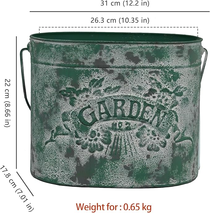 Vintage Distressed Green Metal Planter Pot with Handles, Garden No.2 Embossed Design, Rustic Farmhouse Flower Bucket for Indoor Outdoor Gardening, Succulents, Herbs, Home Decor