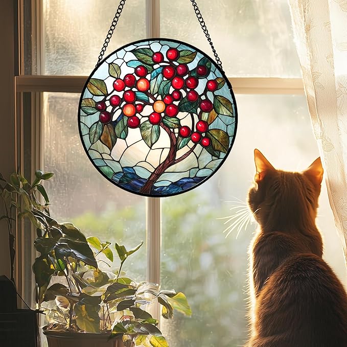 CRIS GIF Stained Glass Window Hanging - Red Fruit Tree Landscape Suncatcher for Doors Garden Patio Sun Catchers Decor Christmas Mother's Day Birthday Gifts for Women Men Mom Nana Friend 9.8 in