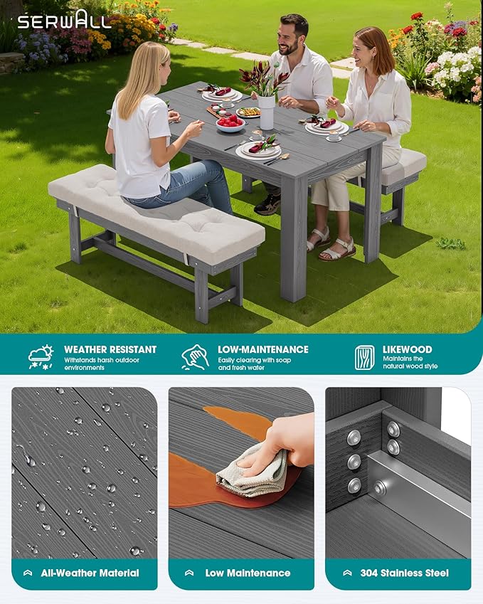 SERWALL Patio Dining Set for 4, Outdoor Dining Sets for 4 Person with 1 Umbrella Hole Cut-Out Rectangular Table and 2 Benches, HDPE Dining Sets for Garden, Backyard, Poolside, Gray