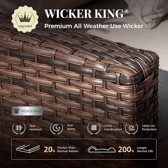 Patio Furniture Set, 6 Pcs Wicker Rattan Outdoor Conversation Set, 2 x Leg Chairs, 1 x 3 Seater Sofa and 2 x Ottoman with 4" Thick Cushion and 32" Fire Pit Table, Beige
