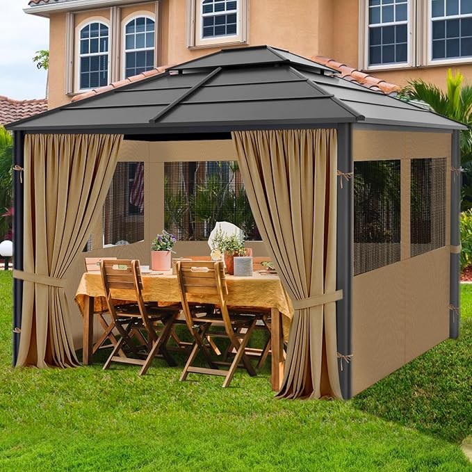 Gazebo Privacy Curtain 10'x12', Replacement Curtains with Mosquito Net Windows, 4-Panels Side Wall, Zippers, Waterproof Outdoor Curtains for Patio, Canopy, Garden and Backyard, Khaki (Curtain Only)