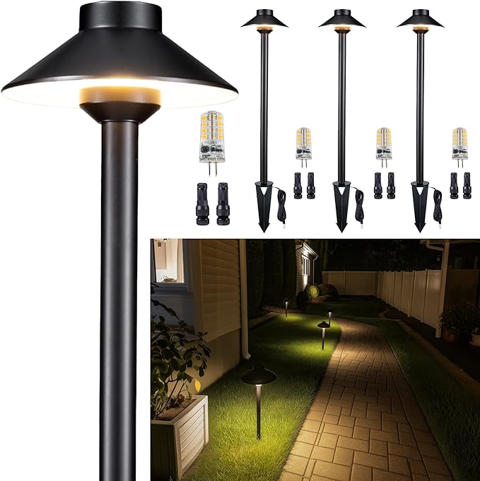 Gardenreet Solid Cast Brass Pathway Lights, Low Voltage Landscape Path Light Wired, LED Walkway Light Waterproof, Hat Shaped 12V Wired Black for Entrance Garden with 5000K Daylight G4 Bulb (4 Pack)