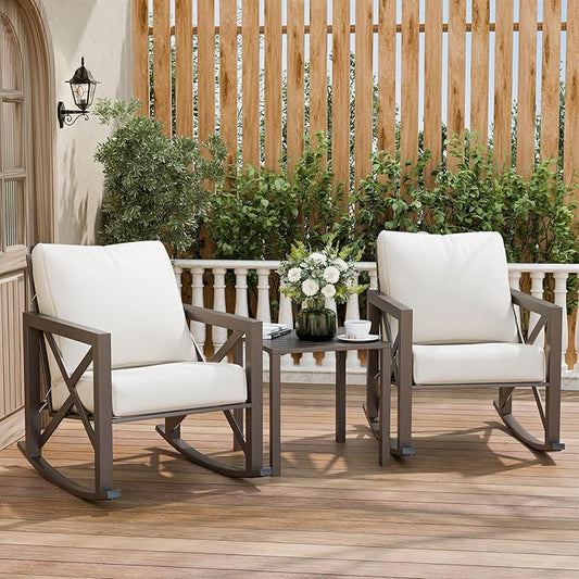 Outdoor Rocking Bistro Set, Patio Rocking Chairs Set of 2 with Coffee Table, 3 Pieces Metal Conversation Sets with 6.5" Thick Cushions for Backyard, Porch, Poolside, Oversized (Beige)