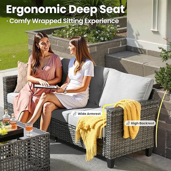ovios 10 Pieces Patio Furniture Set with Swivel Chairs Rocking Gliders, 54" Fire Pit Table, Outdoor Sofa Couch with Solar Lights Table, Modern Deep Seat Wicker Rattan Conversation Set, Grey