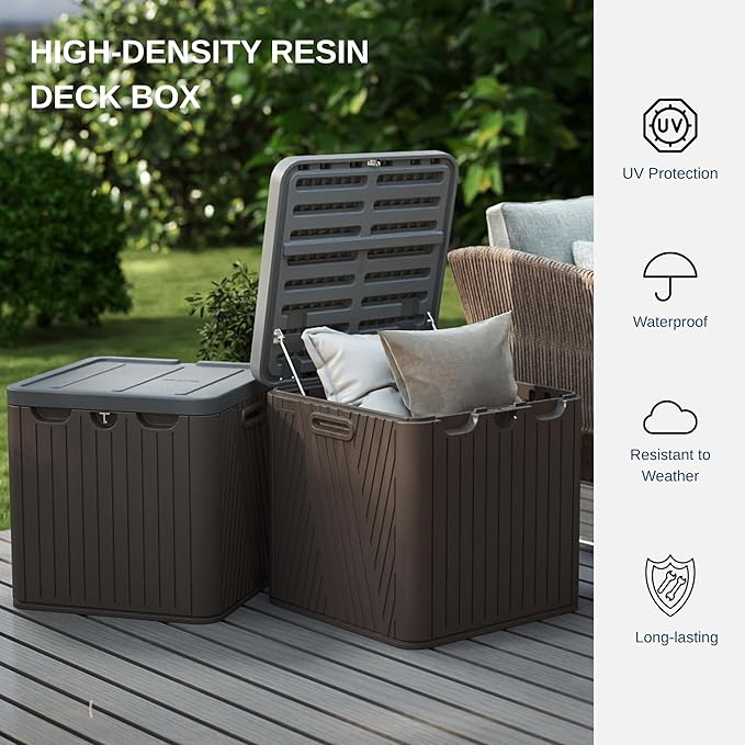 60 Gallon Outdoor Storage Box, Waterproof Patio Deck Box with Lockable Lid, Heavy-Duty HDPE Bench for Garden Tools, Cushions (Brown, 60 Gallon)