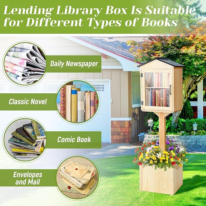 Wooden Library Box Outdoor Library, Double Outdoor Box Storage with Floor Plugs and Small Flower Fence for DIY, Community, Literature, School(Natural Wood,Steepletop)
