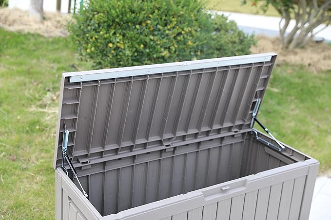 BTEXPERT 80 Gallon Outdoor Storage Container Deck Box with Metal Support Rods for Patio Furniture Garden Tools Cushions Waterproof Lockable UV Resistant Resin