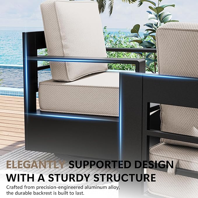 Outdoor Patio Furniture Set, 6-Piece Aluminum Patio Conversation Set All-Weather Metal Outdoor Sectional with 6 Inch Thick Cushions, Deep Setting for Garden, Outside and Porch
