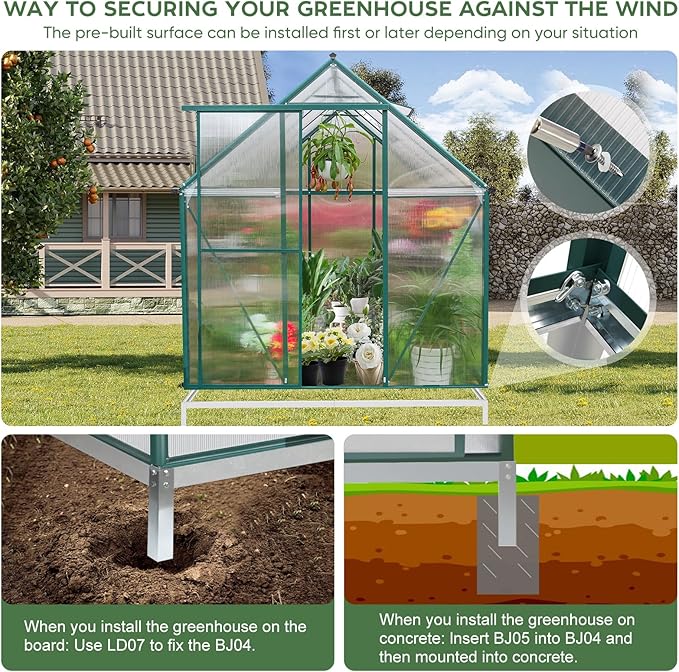 CDCASA 10x6 FT Outdoor Greenhouse, Aluminum Heavy Duty Polycarbonate Greenhouses w/Vent Window, Swing Door, Walk-in Green House for Outside, Backyard