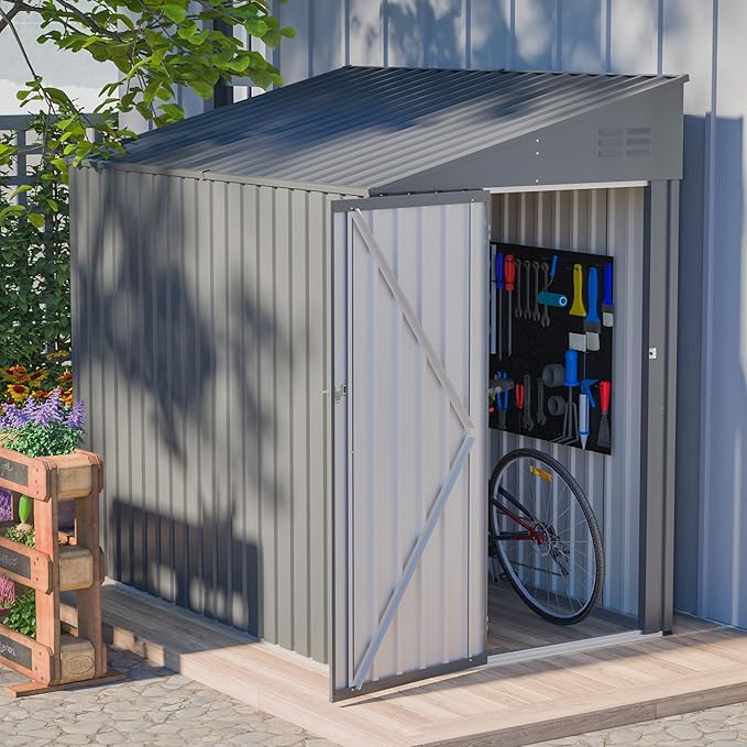 4x8 FT Outdoor Storage Shed,Lean to Lockable Metal Garden Shed Steel with Reinforced Beams,All Weather Waterproof Storage House W/Lockable Door,for Backyard,Patio,Lawn,Garden,Dark Gray