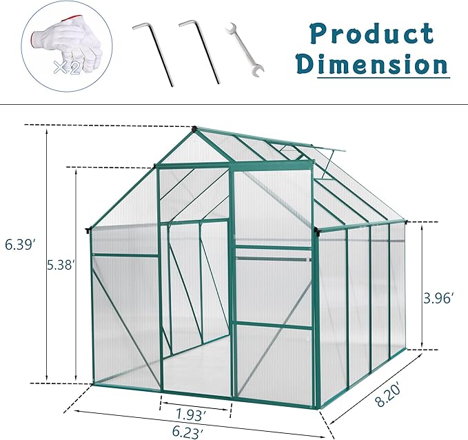 6x8 FT Polycarbonate Walk-in Greenhouses,Heavy Duty Hobby Green House,Storage Shed with Sliding Doors & Adjustable Roof Vent,Aluminum Sunroom Hot Houses for Outdoor Garden Backyard