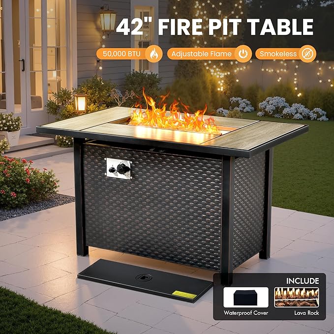 Outdoor Sectional Patio Furniture Set with Fire Pit Table and Glowing Table,6 Pieces Wicker Conversation Sets L Shaped Couch Out Door Sofa Set Outside Furniture for Garden Deck Yard,Black