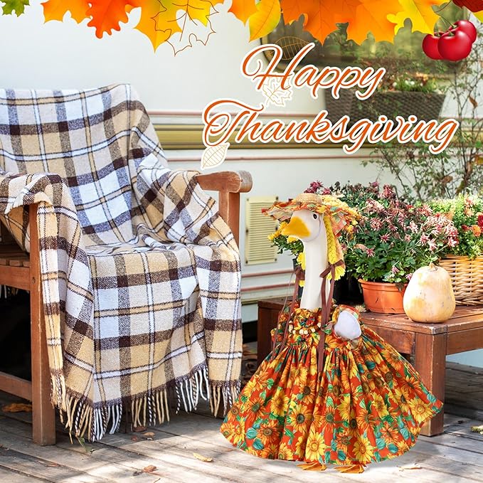 Fall Thanksgiving Goose Outfit Sunflower Porch Goose Costume with Hat Necklace for 23 Autumn Patio Yard Lawn Decor(Sunflower)