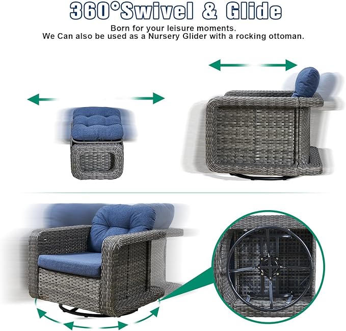Patio Glider Swivel Rocker Sets: 2piece Patio Furniture Sets, 360° Swivel Rocking Chairs with Ottoman, Rust-Resistant Cushion -Perfect for Backyard/Deck/Porch/Balcony Decors- Gray Wicker,Blue Cushion