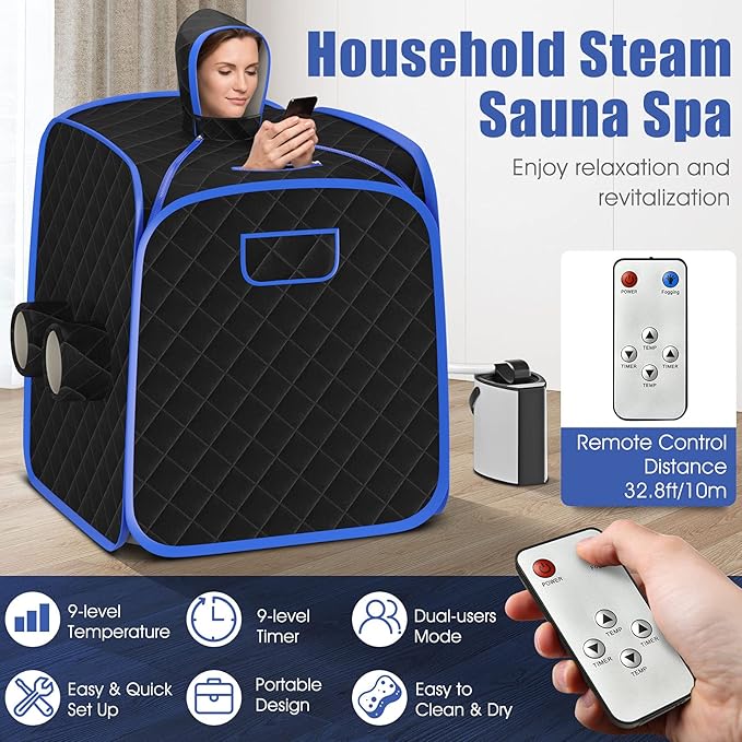 COSTWAY Portable Steam Sauna, Remote Control, 3L Steamer, Foldable Sauna Spa with 9 Temperature and 90 Mins Timer, Atomization, Personal Sauna Hat Tent for Detox Relaxation (Black)