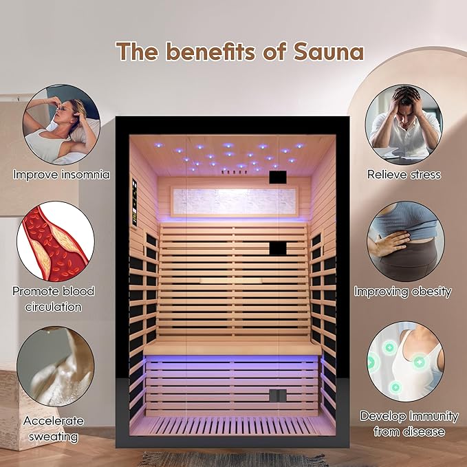 Home Sauna Far Infrared Sauna Dry Sauna for 2 Person,7-Colors LED Light Indoor Sauna Room with Low EMF 2160W,10 Minutes Pre-Warm up,Canadian Hemlock Wood