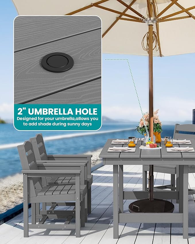 SERWALL Outdoor Dining Set for 6, HDPE Outdoor Furniture with Umbrella Hole & 1 Cushioned Bench & 4 Outdoor Dining Chairs, Grey
